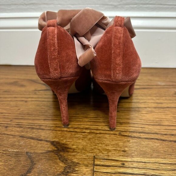 J Crew Elsie Velvet Pumps Size 8 Pink Lace Up Heels Holiday Party Coquette - Picture 4 of 9